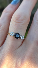 Load image into Gallery viewer, 2071: Vintage; 18ct Gold French Blue Sapphire Diamonds (0.3ct) Three Stone Ring- From 1984