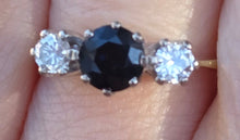 Load image into Gallery viewer, 2071: Vintage; 18ct Gold French Blue Sapphire Diamonds (0.3ct) Three Stone Ring- From 1984