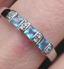 Load image into Gallery viewer, 2768: Vintage 9ct White Gold Swiss Blue Topaz 8 Natural Diamonds Half-Eternity/Stacker Ring