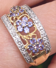 Load image into Gallery viewer, 2938- Vintage 9ct Gold Iolites Natural Sparkling Diamonds Flower Head Cocktail Ring