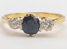 Load image into Gallery viewer, 2910: Vintage: 18ct Gold French Blue Sapphire Round Cut Diamonds Ring- "Three stone straight"