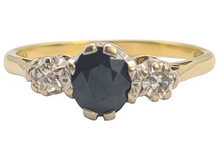 Load image into Gallery viewer, 2910: Vintage: 18ct Gold French Blue Sapphire Round Cut Diamonds Ring- "Three stone straight"