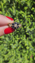 Cargar y reproducir el video en el visor de la galería, 1377: Vintage: 9ct Gold Blue Sapphires Diamonds Flowerhead Ring- From 1975