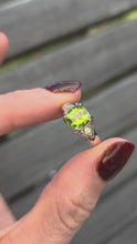 Load and play video in Gallery viewer, 2124 Vintage: 9ct Gold Cushion Cut Peridot Green Garnets Dress Ring