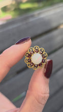 Load and play video in Gallery viewer, 6189 Vintage (1960's): 9ct Gold White Opal Garnets Cluster Ring - beautifully paired. (Copy)
