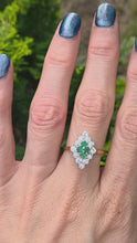Load and play video in Gallery viewer, 2318: Vintage: 18ct Gold Emeralds Diamonds Marquise Set Art Deco Style Ring- From 1977