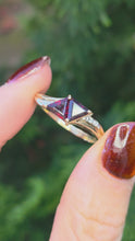 Load and play video in Gallery viewer, 6239 Vintage: 18ct Gold Triangular Cut Red Garnets Diamonds Geometric Set Ring