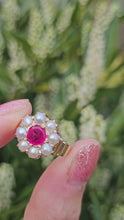 Load and play video in Gallery viewer, 1447: Antique: 15ct Gold Ruby Pearls Flower Head Ring- Over 100 years old