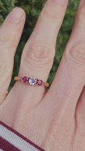 Cargar y reproducir el video en el visor de la galería, 1398: Vintage: 9ct Gold Rubies Tanzanite 3-Stone Ring- a rare, beautiful combination