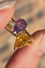 Load and play video in Gallery viewer, 0612: Vintage 9ct Gold Pear Cut Purple Padparadscha Sapphire (1.09ct) Solitaire Ring
