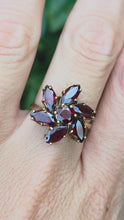 Load and play video in Gallery viewer, 2197: Vintage: 9ct Gold Mixed-Cut Rich Red Garnets Cluster Ring- From 1976