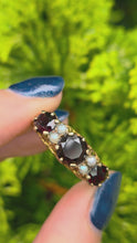 Load and play video in Gallery viewer, 2351: Vintage/Antique: 9ct Gold Rich Red Garnet Seed Pearls Half-Hoop Ring