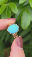 Load and play video in Gallery viewer, 2189: Vintage; 14ct Gold Cabochon Turquoise Solitaire Ring- curvaceous beauty
