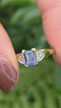 Load and play video in Gallery viewer, 8232: Vintage; 9ct Gold Emerald cut Tanzanite Diamonds Dress; Ring- lovely cut and colour