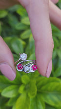 Cargar y reproducir el video en el visor de la galería, A0265: Vintage; 14ct White Gold Rubies Diamonds  Openwork "Swirl" Dress Ring