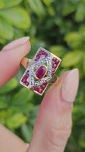 Cargar y reproducir el video en el visor de la galería, 1084: Vintage: 9ct Gold Art Deco Style Rubies Diamonds Ring- geometric beauty