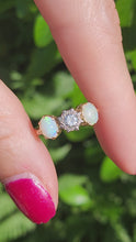 Load and play video in Gallery viewer, 2024: Vintage18ct Gold Diamond White Opals 3-Stone Straight Ring- a rare find