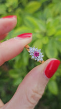 Load and play video in Gallery viewer, 1073: Vintage: 18ct Gold Ruby 14 Diamonds Cluster Ring-lovely sparkle