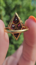 Load and play video in Gallery viewer, 1950: Antique: 18ct Gold Bohemian Garnets Cocktail Ring- rare, beautiful find.