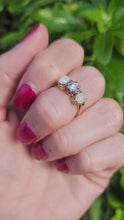Load and play video in Gallery viewer, 2024: Vintage18ct Gold Diamond White Opals 3-Stone Straight Ring- a rare find