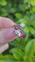 Cargar y reproducir el video en el visor de la galería, A0265: Vintage; 14ct White Gold Rubies Diamonds  Openwork "Swirl" Dress Ring