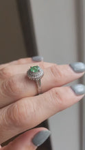 Load and play video in Gallery viewer, 1799: Vintage: Platinum Emerald Diamonds Flower Cluster Ring- something very special.