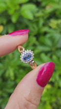 Load and play video in Gallery viewer, 1581: Vintage: 9ct Gold Ceylon Sapphire 16 Diamonds Dress Ring- exquisite