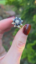 Load and play video in Gallery viewer, 6234 Vintage: 18ct Gold 8 Blue Sapphires 9 Round Cut Diamonds Flower Head Ring- From 1975