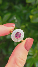Load and play video in Gallery viewer, 6153: Vintage 18ct Gold Ruby Diamonds Flower Head Cluster Ring- an exceptional piece
