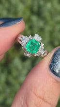 Load and play video in Gallery viewer, 2341 Vintage: Platinum Emerald Cut Emerald Diamonds Cocktail Cluster Ring