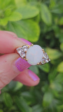 Load and play video in Gallery viewer, 1334: Vintage (1960's) 9ct Gold Cabochon White Opal Topaz Dress Ring- lovely combination