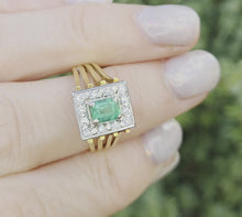 Load and play video in Gallery viewer, 6273 Vintage 18ct Gold Emerald Cut Emerald 12 Diamonds Square Set Cocktail Ring