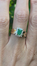 Load and play video in Gallery viewer, 2140: Vintage;: 14ct Gold Emerald Cut Emerald (0.79ct) 14 Diamonds (0.43ct) Ring - LUSH