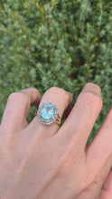 Load and play video in Gallery viewer, 1764: Vintage: 9ct Gold Swiss Blue Topaz 16 Diamonds Diana Style Cluster Ring