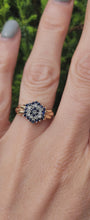 Cargar y reproducir el video en el visor de la galería, 1641: Vintage: 9ct Gold Geometric Sapphires Diamonds Dress Ring- captivating design