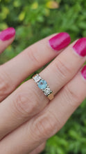 Load and play video in Gallery viewer, 6099:  Vintage: 18ct Gold Blue Aquamarine Twin Diamonds Dress Ring- From 1973