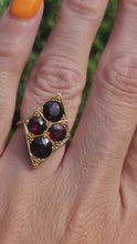 Load and play video in Gallery viewer, 1950: Antique: 18ct Gold Bohemian Garnets Cocktail Ring- rare, beautiful find.
