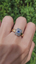 Load and play video in Gallery viewer, 1945: Vintage: 9crt Gold Art Deco Style Geometric Set Sapphires & Diamonds Statement Ring- lovely example