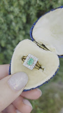 Load and play video in Gallery viewer, 6273 Vintage 18ct Gold Emerald Cut Emerald 12 Diamonds Square Set Cocktail Ring