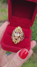 Load and play video in Gallery viewer, 0404: Vintage: Statement 9ct Gold Marquise Cut Yellow Citrine 14 Diamonds Openwork Ring