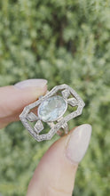 Load and play video in Gallery viewer, 2057 18ct White Gold Large Blue Aquamarine (2.41ct) Rose-Cut Diamonds  Art Deco Style Panel Ring