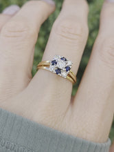Load and play video in Gallery viewer, 2372 Vintage: 18ct Gold Geometric Set Blue Sapphires Natural Diamonds (0.22ct) Ring- From 1969