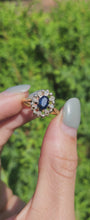 Load and play video in Gallery viewer, 1798: Vintage: 9ct Gold Blue Sapphire Diamonds Cluster Ring- very fine example