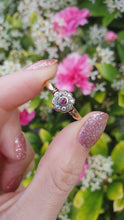 Load and play video in Gallery viewer, 6067 Antique: 18ct Gold Platinum Set Ruby 8 Diamonds Flower Head Ring