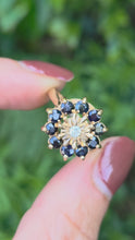 Load and play video in Gallery viewer, 2121: Vintage: 9ct Gold Diamond Blue Sapphires Diamonds Flower Head Ring- from 1980