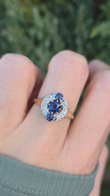Load and play video in Gallery viewer, 6184 Antique: 18ct Gold Art Deco Cornflower Blue Sapphires Diamonds Geometric Set Ring