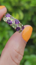 Load and play video in Gallery viewer, 1997: Vintage: 9ct Gold Amethyst. Peridot, Diamonds Suffragette Homage Stacker Ring- Elegant combination