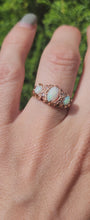 Load and play video in Gallery viewer, 1756: Antique: 9ct Rose Gold Vivid White Opals Diamonds Boat Ring- From 1912
