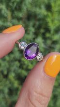 Load and play video in Gallery viewer, 1955: Vintage: Platinum Amethyst (1.64ct) Diamonds (0.5ct) 3-Stone Straight Ring- an absolute beauty.