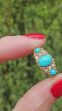 Cargar y reproducir el video en el visor de la galería, 1589: Vintage- 1970's 9ct Gold Turquoise Seed Pearls Dress Ring- From 1976